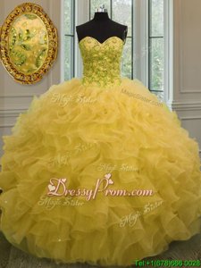 Low Price Gold Ball Gowns Organza Sweetheart Sleeveless Beading and Ruffles Floor Length Lace Up 15th Birthday Dress