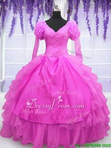 Glorious Hot Pink Long Sleeves Beading and Embroidery and Hand Made Flower Floor Length Ball Gown Prom Dress