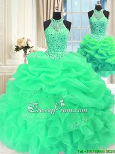 Glittering Green Ball Gowns Beading and Pick Ups 15th Birthday Dress Lace Up Organza Sleeveless Floor Length