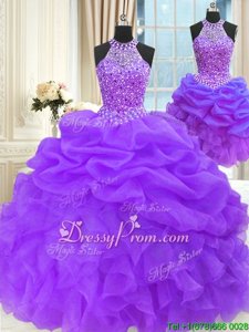 Sophisticated Eggplant Purple High-neck Lace Up Beading and Pick Ups Quinceanera Gown Sleeveless