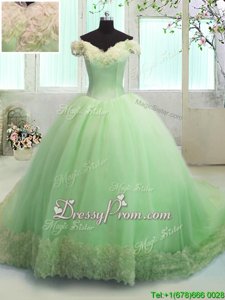 Excellent Yellow Green Lace Up Off The Shoulder Hand Made Flower 15th Birthday Dress Organza Short Sleeves Court Train