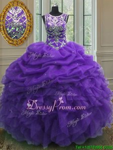 Best Selling Scoop Sleeveless Lace Up 15 Quinceanera Dress Purple Organza