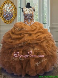 Delicate Gold Lace Up Quinceanera Dresses Beading and Ruffles and Pick Ups Sleeveless Floor Length