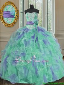 Sophisticated Multi-color Ball Gowns Organza Sleeveless Beading and Appliques and Ruffles and Sashes|ribbons and Hand Made Flower Floor Length Lace Up Sweet 16 Dress