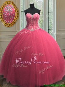 Simple Hot Pink Tulle Lace Up 15th Birthday Dress Sleeveless Floor Length Beading and Sequins