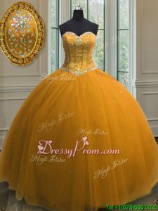 High End Gold Tulle Lace Up Sweetheart Sleeveless Floor Length Vestidos de Quinceanera Beading and Sequins