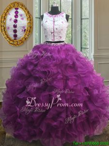 Custom Made Fuchsia Sleeveless Floor Length Appliques and Ruffles Clasp Handle Quinceanera Gown
