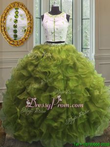 Perfect Organza Scoop Sleeveless Clasp Handle Appliques and Ruffles Sweet 16 Dress inOlive Green