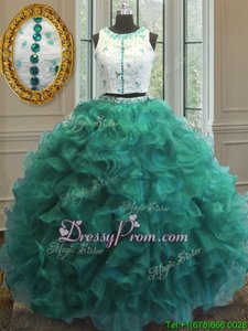 Dramatic Scoop Sleeveless Sweet 16 Quinceanera Dress Floor Length Appliques and Ruffles Turquoise Organza