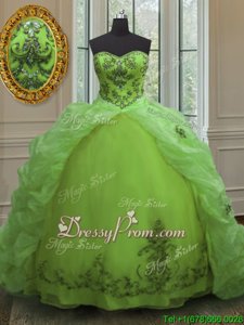 Spring Green Sleeveless Organza Court Train Lace Up Quinceanera Gowns forMilitary Ball and Sweet 16 and Quinceanera