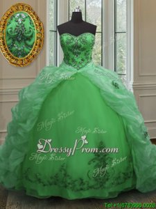 Low Price Apple Green Ball Gowns Sweetheart Sleeveless Organza With Train Court Train Lace Up Beading and Appliques and Pick Ups Quince Ball Gowns