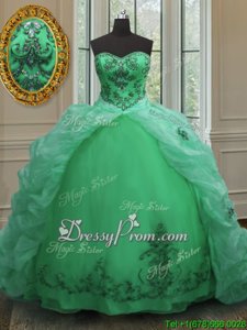 Extravagant Court Train Ball Gowns 15th Birthday Dress Green Sweetheart Organza Sleeveless With Train Lace Up