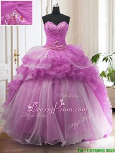 Lilac Ball Gowns Beading and Ruffled Layers Ball Gown Prom Dress Lace Up Organza Sleeveless With Train