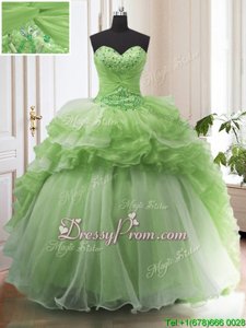 Edgy Spring Green Lace Up 15 Quinceanera Dress Beading and Ruffled Layers Sleeveless With Train Court Train