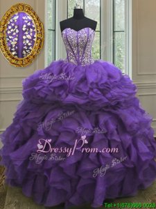 Luxurious Beading and Ruffles Quinceanera Dress Eggplant Purple Lace Up Sleeveless Floor Length