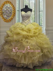 Beautiful Yellow Sweetheart Neckline Beading and Ruffles and Pick Ups Quinceanera Dresses Sleeveless Lace Up