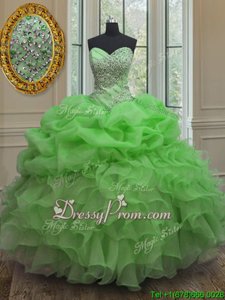 High Class Sleeveless Floor Length Beading and Ruffles and Pick Ups Lace Up Sweet 16 Dresses with Spring Green