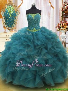 Deluxe Teal Sleeveless Floor Length Beading and Ruffles Lace Up Vestidos de Quinceanera