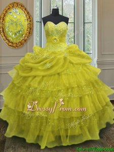 Discount Yellow Ball Gowns Beading and Ruffled Layers and Pick Ups Quinceanera Gowns Lace Up Organza Sleeveless Floor Length