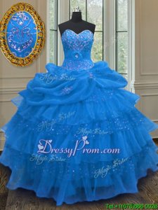Affordable Blue Organza Lace Up 15th Birthday Dress Sleeveless Floor Length Beading and Ruffled Layers and Pick Ups