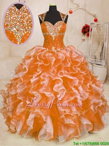 High End Orange Ball Gowns Sweetheart Sleeveless Organza Floor Length Lace Up Beading and Ruffles Quinceanera Dress