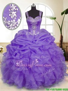 Fabulous Lavender Organza Zipper Quinceanera Dress Sleeveless Floor Length Beading and Ruffles and Pick Ups