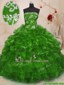 High End Spring Green Lace Up Strapless Beading and Appliques Quinceanera Gown Organza Sleeveless