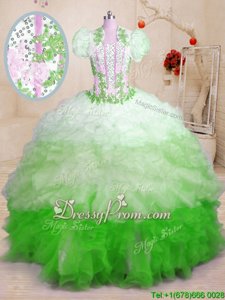 Multi-color Ball Gowns Beading and Appliques and Ruffles 15 Quinceanera Dress Lace Up Organza Sleeveless With Train