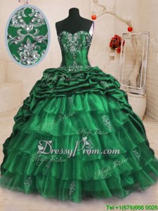 Elegant Dark Green Ball Gowns Beading and Appliques and Ruffled Layers and Pick Ups 15 Quinceanera Dress Lace Up Organza and Taffeta Sleeveless With Train