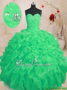 Enchanting Green Ball Gowns Sweetheart Sleeveless Organza Floor Length Lace Up Beading and Ruffles Quinceanera Gowns