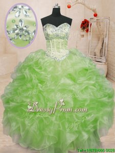 Gorgeous Spring Green Organza Lace Up Sweetheart Sleeveless Floor Length Vestidos de Quinceanera Beading and Ruffles