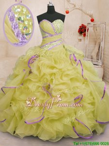 Pretty Sleeveless With Train Beading and Ruffles Lace Up Sweet 16 Dress with Yellow Green Brush Train