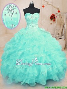 Organza Sweetheart Sleeveless Lace Up Beading and Ruffles Sweet 16 Quinceanera Dress inTurquoise