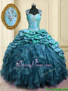 Fantastic Sweetheart Cap Sleeves Brush Train Lace Up Ball Gown Prom Dress Teal Organza and Taffeta