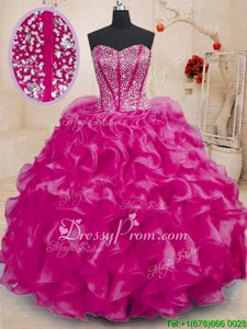 Exquisite Beading and Ruffles Quince Ball Gowns Fuchsia Lace Up Sleeveless Floor Length