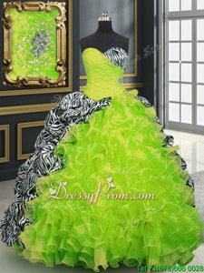 Vintage Sweetheart Sleeveless Ball Gown Prom Dress With Brush Train Beading and Ruffles and Pattern Multi-color Organza and Printed