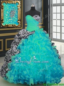 Amazing Multi-color Sleeveless Organza and Printed Brush Train Lace Up Sweet 16 Dresses forMilitary Ball and Sweet 16 and Quinceanera