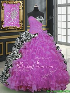Exceptional Multi-color Sweetheart Lace Up Beading and Ruffles and Pattern Quinceanera Dresses Brush Train Sleeveless