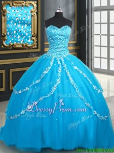 With Train Baby Blue Ball Gown Prom Dress Sweetheart Sleeveless Brush Train Lace Up