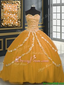 High End Tulle Sweetheart Sleeveless Brush Train Lace Up Beading and Appliques Quince Ball Gowns inGold