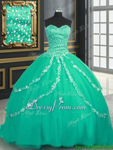 Vintage Sleeveless Brush Train Beading and Appliques Lace Up Sweet 16 Dresses