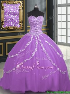 Custom Fit Sleeveless With Train Beading and Appliques Lace Up Quinceanera Dresses with Lavender Brush Train