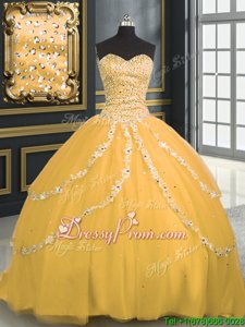 Attractive Sweetheart Sleeveless Brush Train Lace Up Quinceanera Dresses Gold Tulle