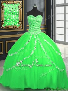 Enchanting With Train Spring Green Quinceanera Dresses Tulle Brush Train Sleeveless Spring and Summer and Fall and Winter Beading and Appliques