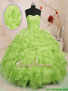 Flare Yellow Green Organza Lace Up Sweet 16 Quinceanera Dress Sleeveless Floor Length Beading and Ruffles and Hand Made Flower