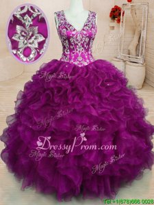 Fuchsia Backless Quinceanera Gowns Beading and Embroidery and Ruffles Sleeveless Floor Length