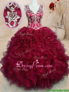 Unique Organza V-neck Sleeveless Zipper Beading and Embroidery and Ruffles Quinceanera Gowns inWine Red