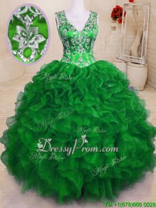 Elegant Sleeveless Zipper Floor Length Beading and Embroidery and Ruffles Ball Gown Prom Dress