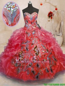 Flare Sleeveless Floor Length Beading and Appliques and Ruffles Zipper Quinceanera Dresses with Red