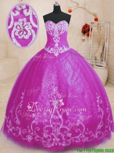 High Quality Floor Length Fuchsia Sweet 16 Dress Tulle Sleeveless Spring and Summer and Fall and Winter Beading and Embroidery